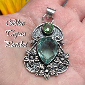 Blue Topaz Peridot Pendant Gemstone Handmade Statement 925 Silver Boho Ethnic